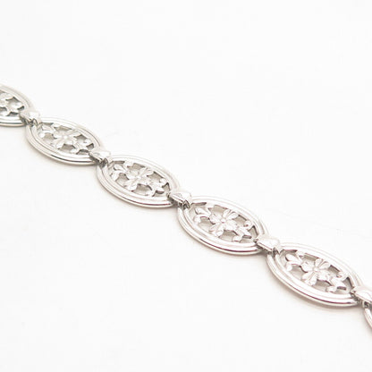 925 Sterling Silver Vintage Floral Oval Link Bracelet 7"