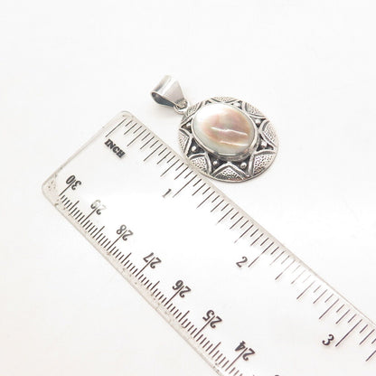 925 Sterling Silver Vintage Real Mother-of-Pearl Oval Pendant