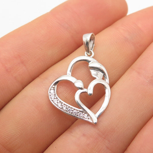 925 Sterling Silver C Z Double Heart Charm Pendant