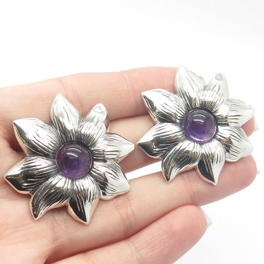 925 Sterling Silver Vintage Real Amethyst Gemstone Floral Clip-On Earrings