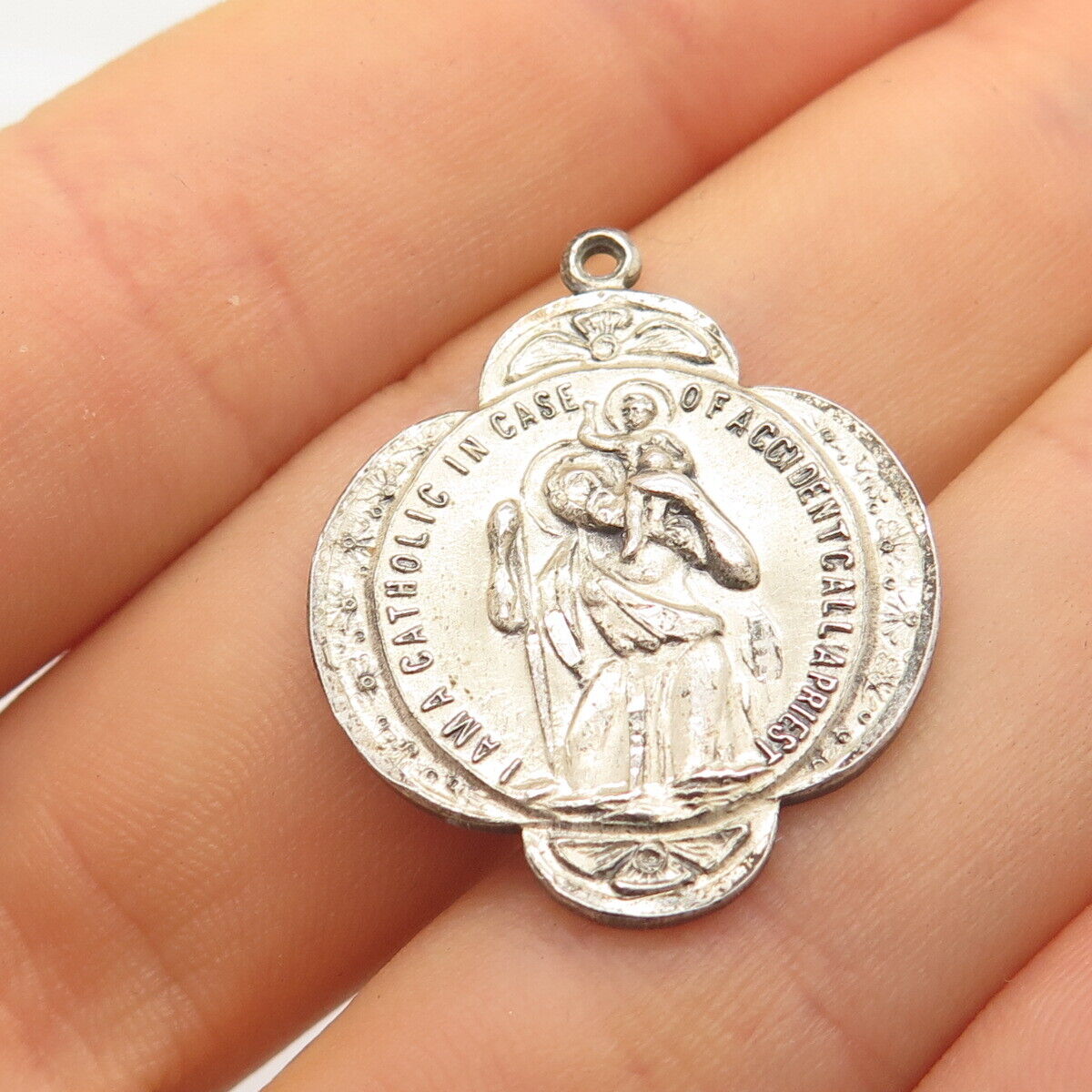 925 Sterling Silver Antique Creed St. Christopher Religious Pendant