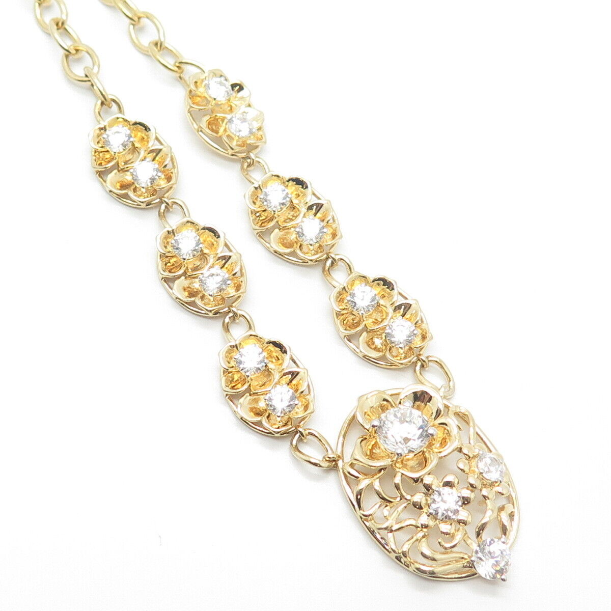 925 Sterling Silver Gold Plated C Z Floral Cable Chain Necklace 18"