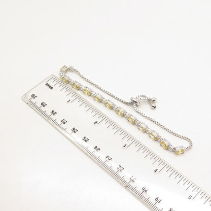 925 Sterling Silver Yellow & White C Z Adjustable Box Link Bracelet 8.25"