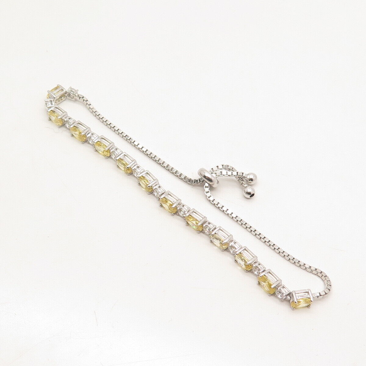 925 Sterling Silver Yellow & White C Z Adjustable Box Link Bracelet 8.25"