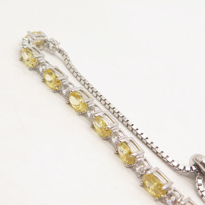 925 Sterling Silver Yellow & White C Z Adjustable Box Link Bracelet 8.25"