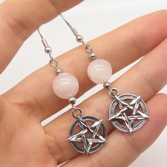 925 Sterling Silver Vintage Real Rose Quartz Star Dangling Earrings