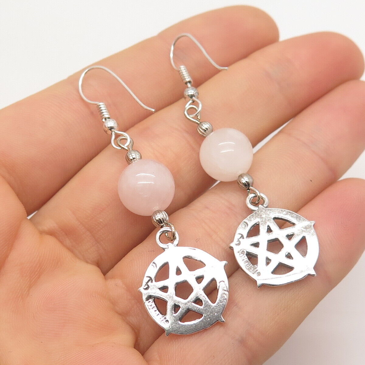 925 Sterling Silver Vintage Real Rose Quartz Star Dangling Earrings