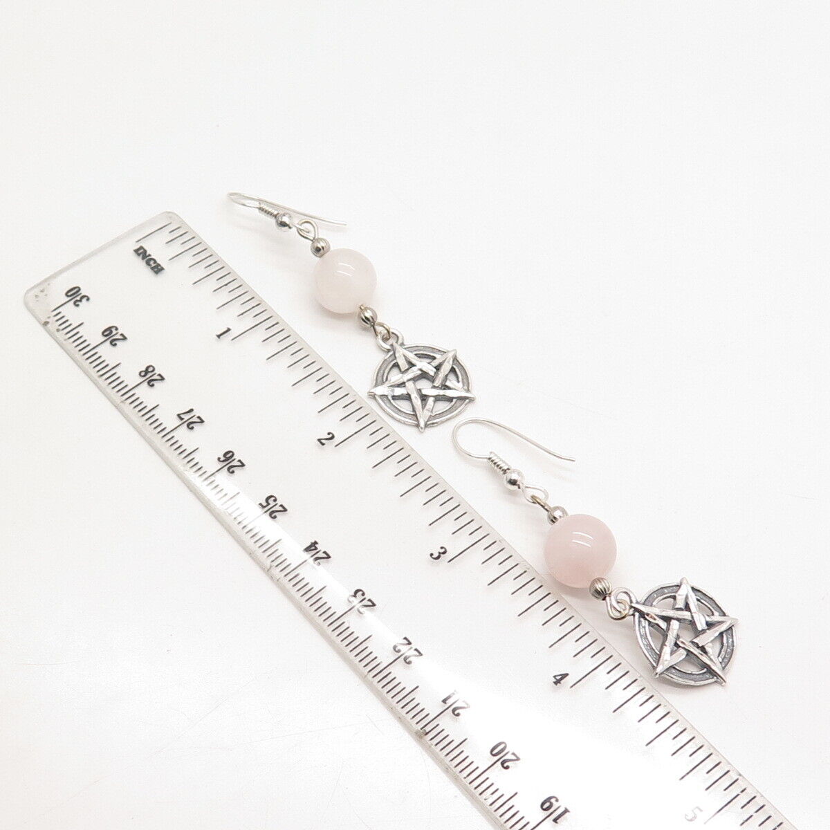 925 Sterling Silver Vintage Real Rose Quartz Star Dangling Earrings