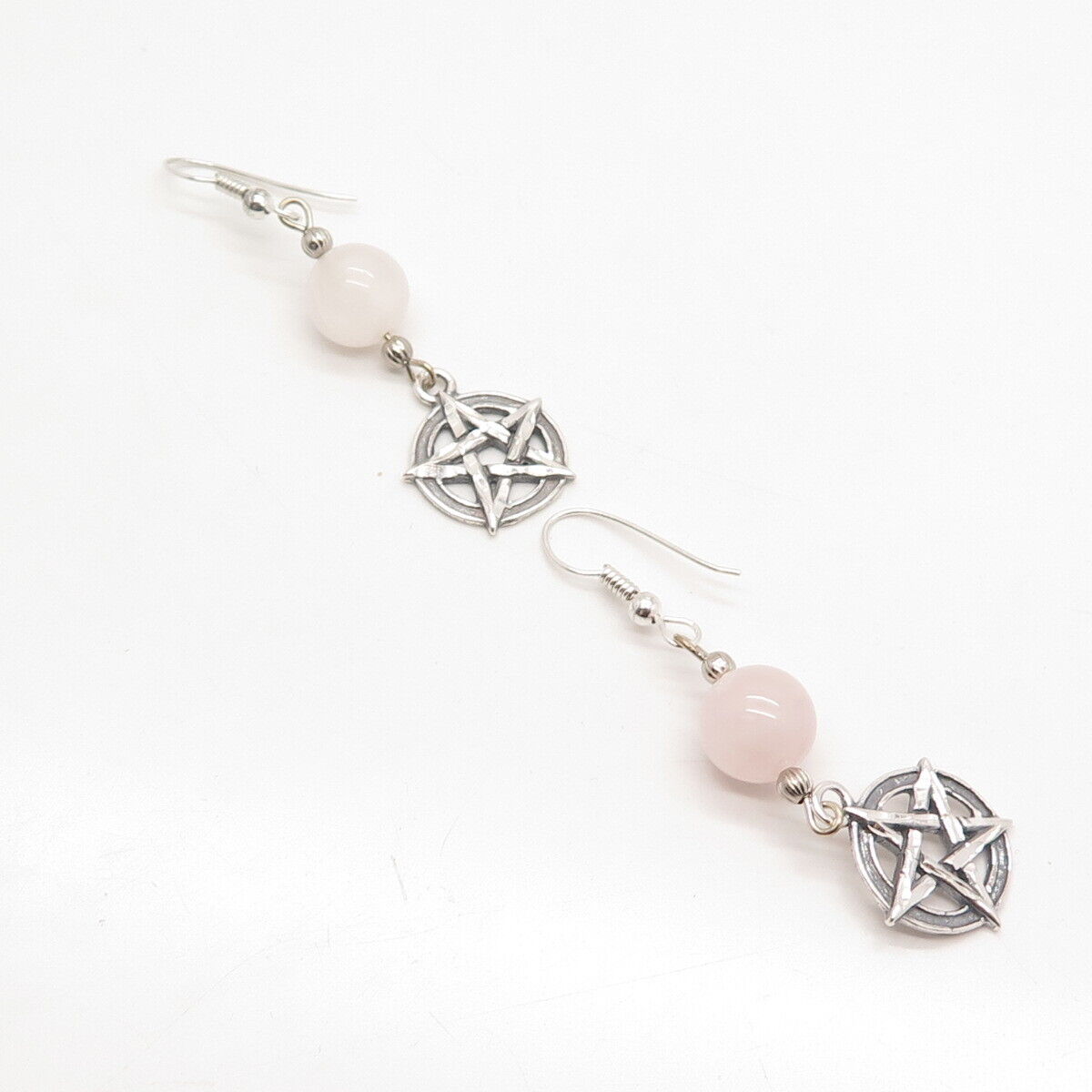 925 Sterling Silver Vintage Real Rose Quartz Star Dangling Earrings