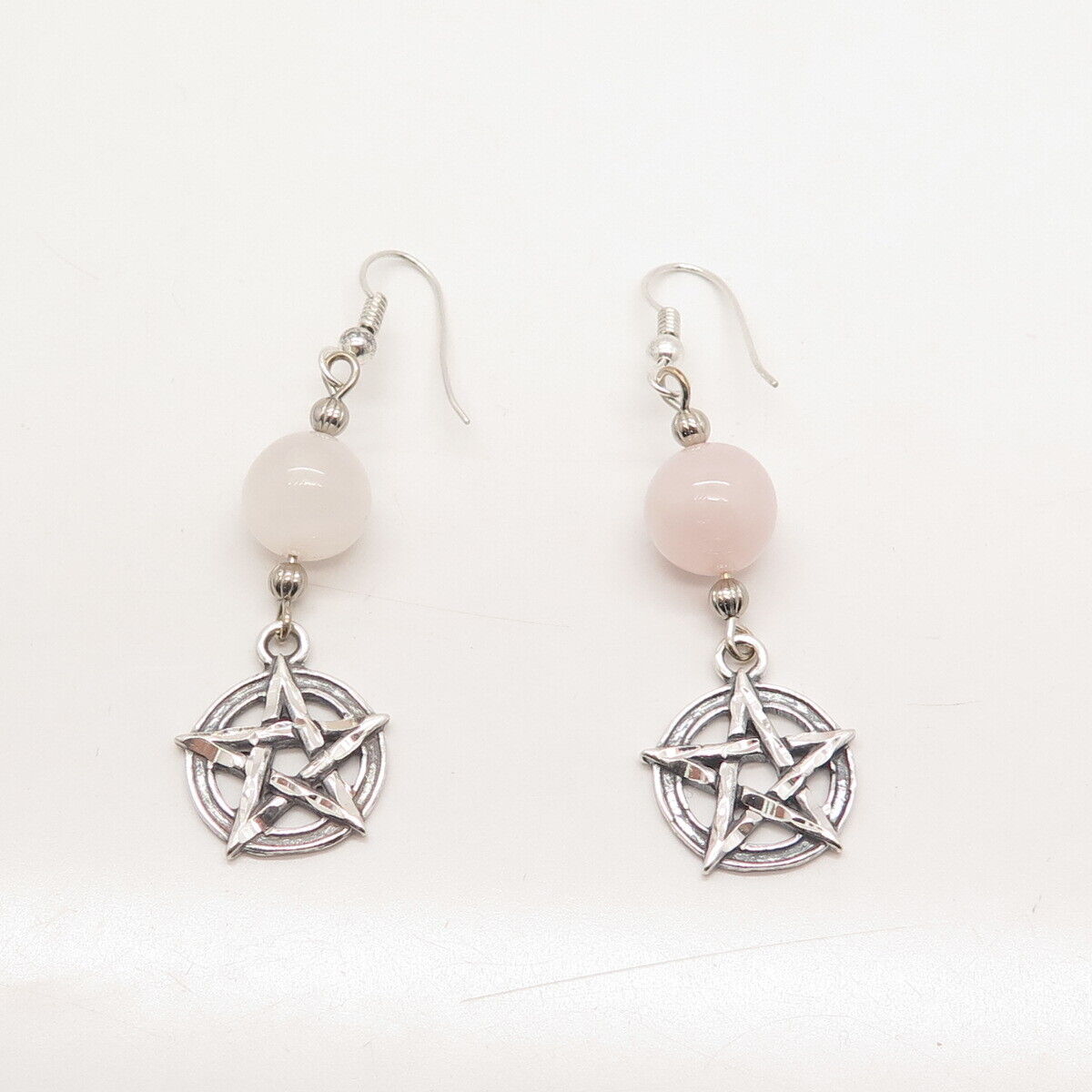 925 Sterling Silver Vintage Real Rose Quartz Star Dangling Earrings