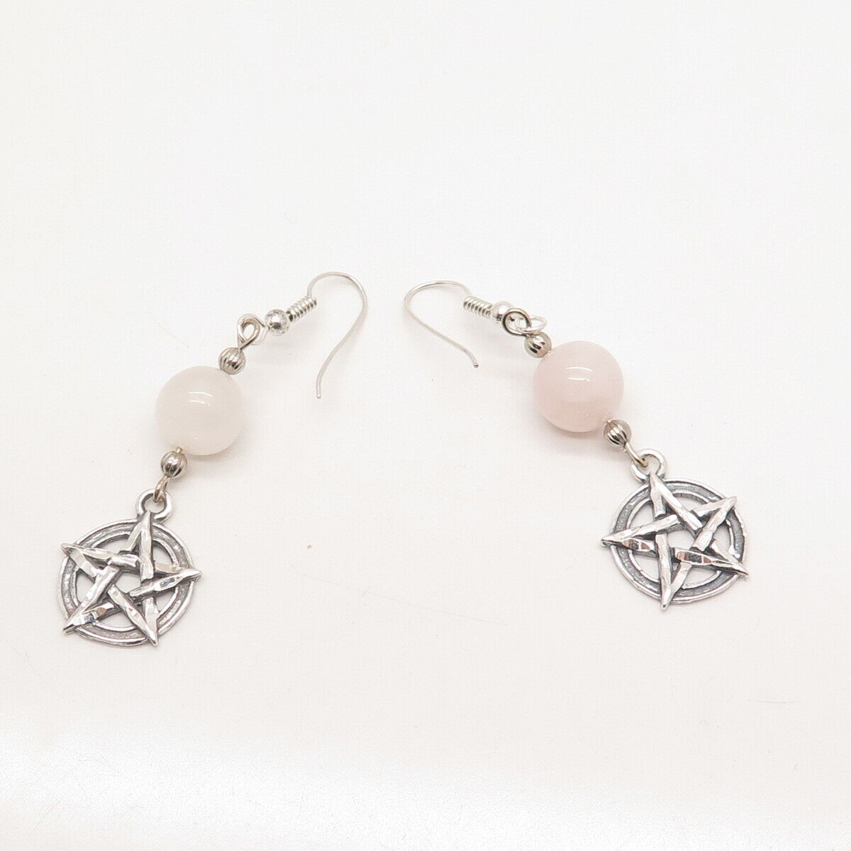 925 Sterling Silver Vintage Real Rose Quartz Star Dangling Earrings