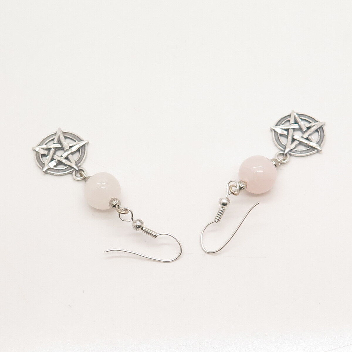 925 Sterling Silver Vintage Real Rose Quartz Star Dangling Earrings