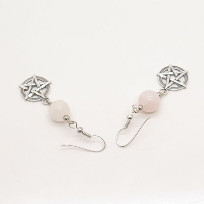 925 Sterling Silver Vintage Real Rose Quartz Star Dangling Earrings