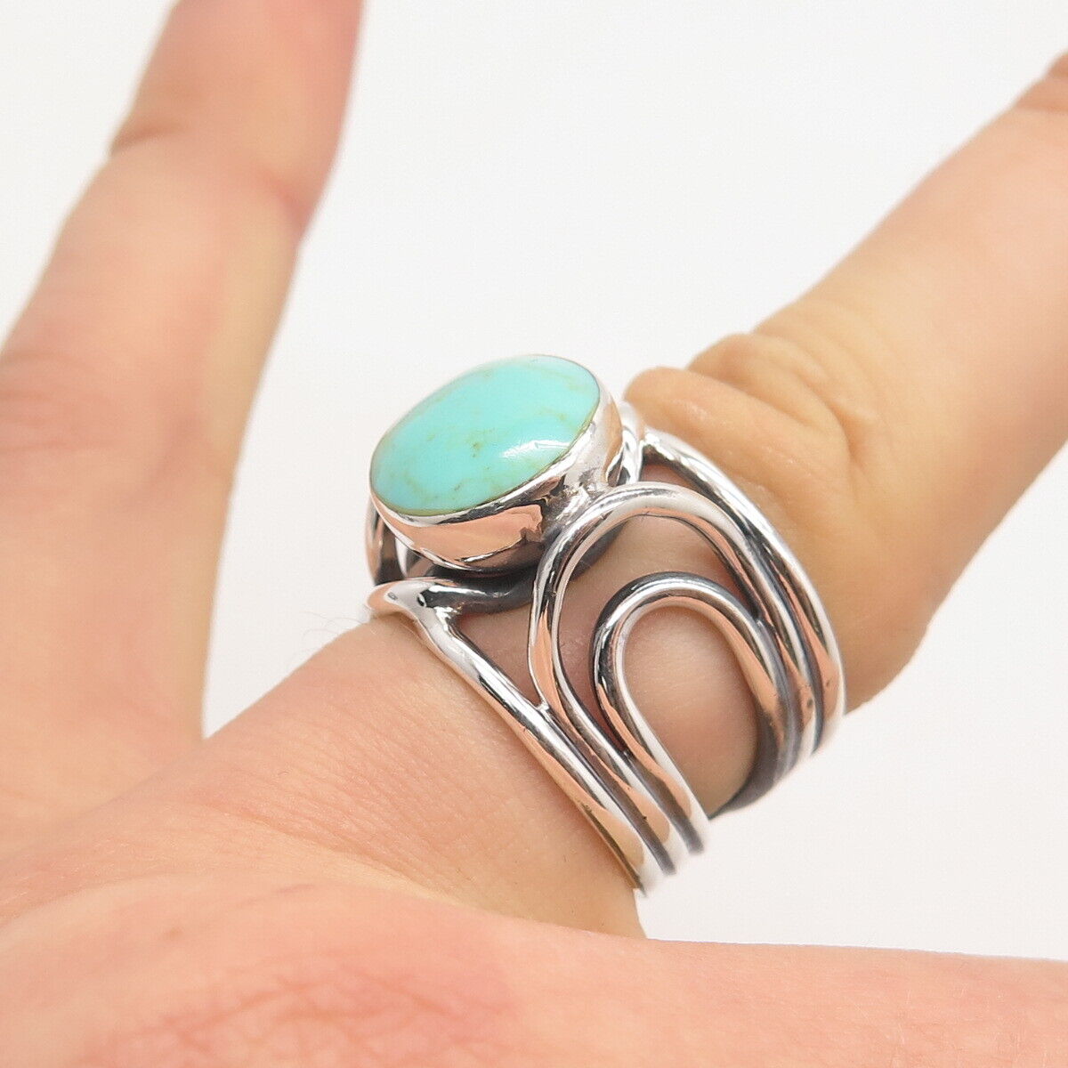 925 Sterling Silver Vintage Real Turquoise Gemstone Wide Ring Size 6.25