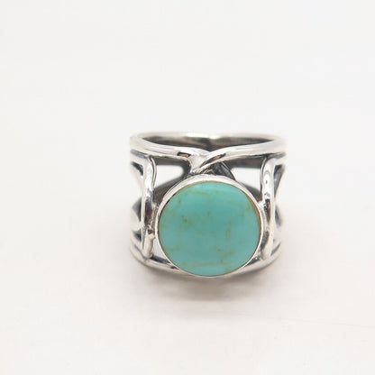 925 Sterling Silver Vintage Real Turquoise Gemstone Wide Ring Size 6.25