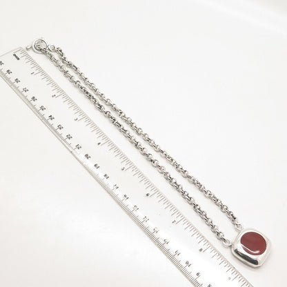 925 Sterling Silver Vintage Mexico Real Carnelian Gem Rolo Chain Necklace 18"