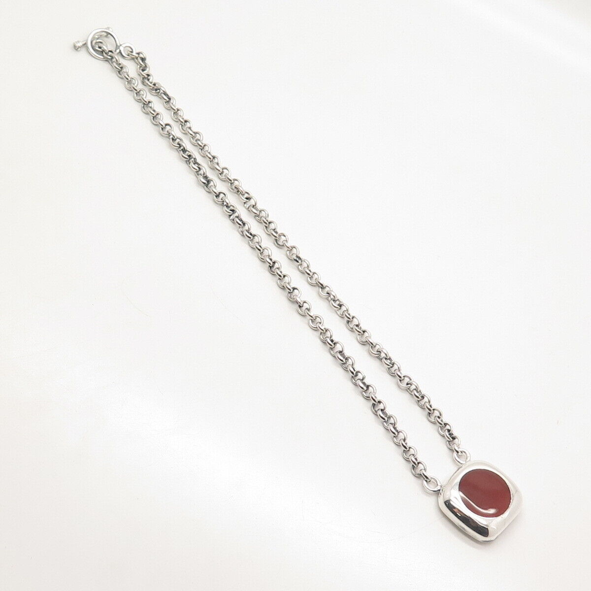 925 Sterling Silver Vintage Mexico Real Carnelian Gem Rolo Chain Necklace 18"