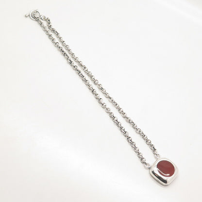 925 Sterling Silver Vintage Mexico Real Carnelian Gem Rolo Chain Necklace 18"