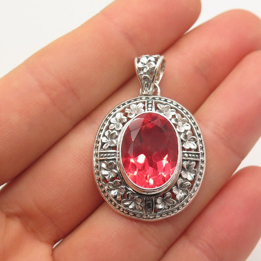 925 Sterling Silver Vintage Red Glass Ornate Pendant