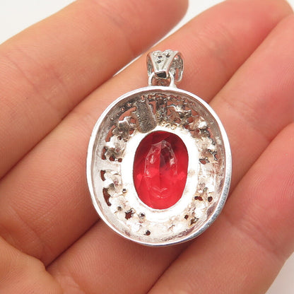 925 Sterling Silver Vintage Red Glass Ornate Pendant