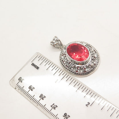 925 Sterling Silver Vintage Red Glass Ornate Pendant