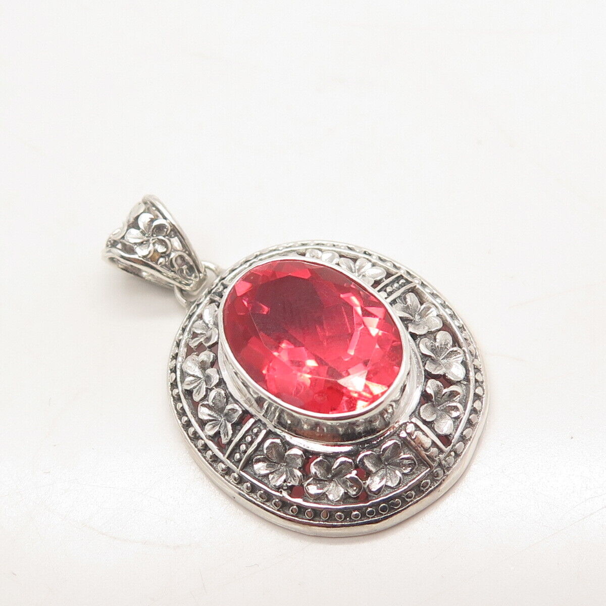 925 Sterling Silver Vintage Red Glass Ornate Pendant