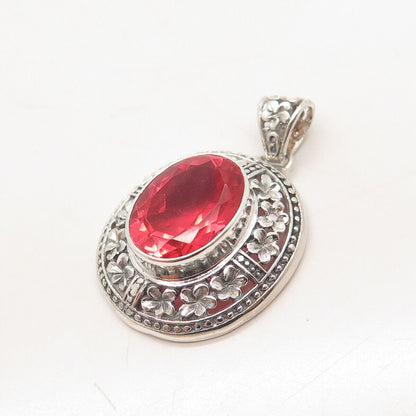 925 Sterling Silver Vintage Red Glass Ornate Pendant