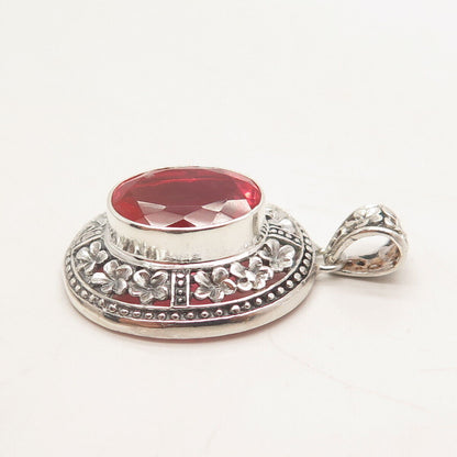 925 Sterling Silver Vintage Red Glass Ornate Pendant