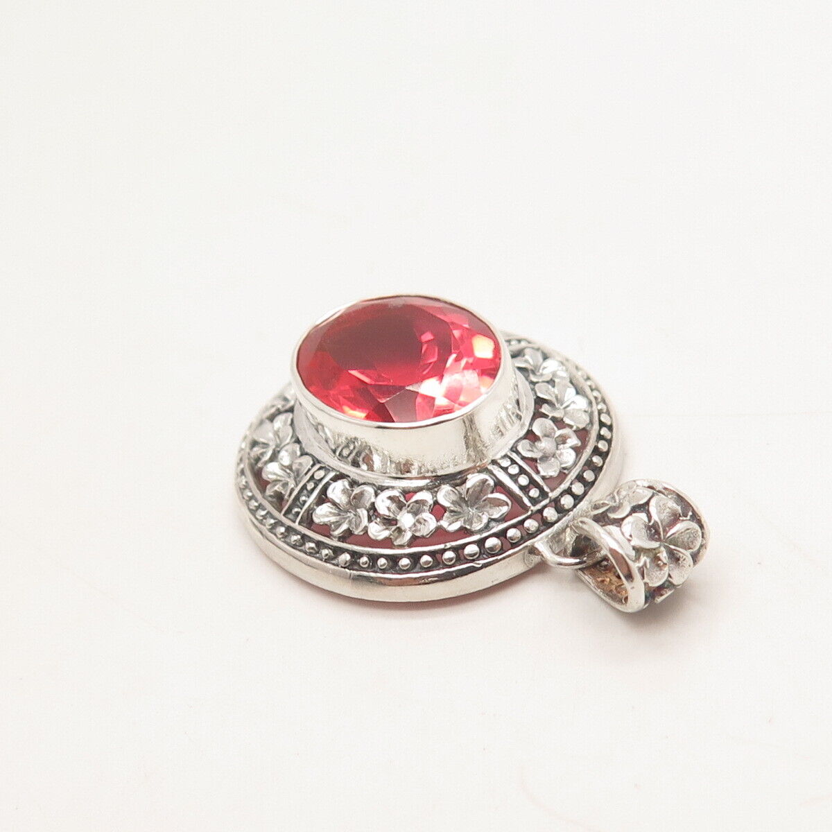 925 Sterling Silver Vintage Red Glass Ornate Pendant