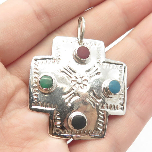 925 Sterling Silver Vintage Real Multi-Color Gem Cross Pendant