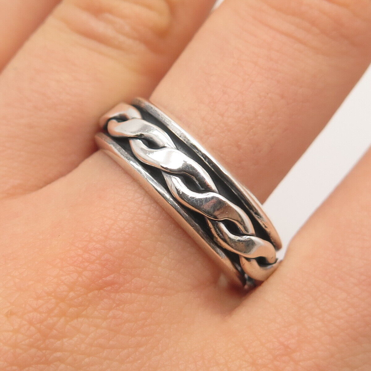 925 Sterling Silver Vintage Mexico Braided Rotating Band Ring Size 11