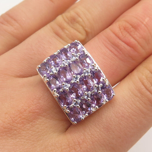 925 Sterling Silver Real Amethyst & Tanzanite Gem Cluster Ring Size 8