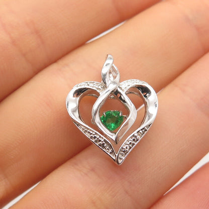 925 Sterling Silver Real White Diamond & Chrome Diopside Gemstone Heart Pendant