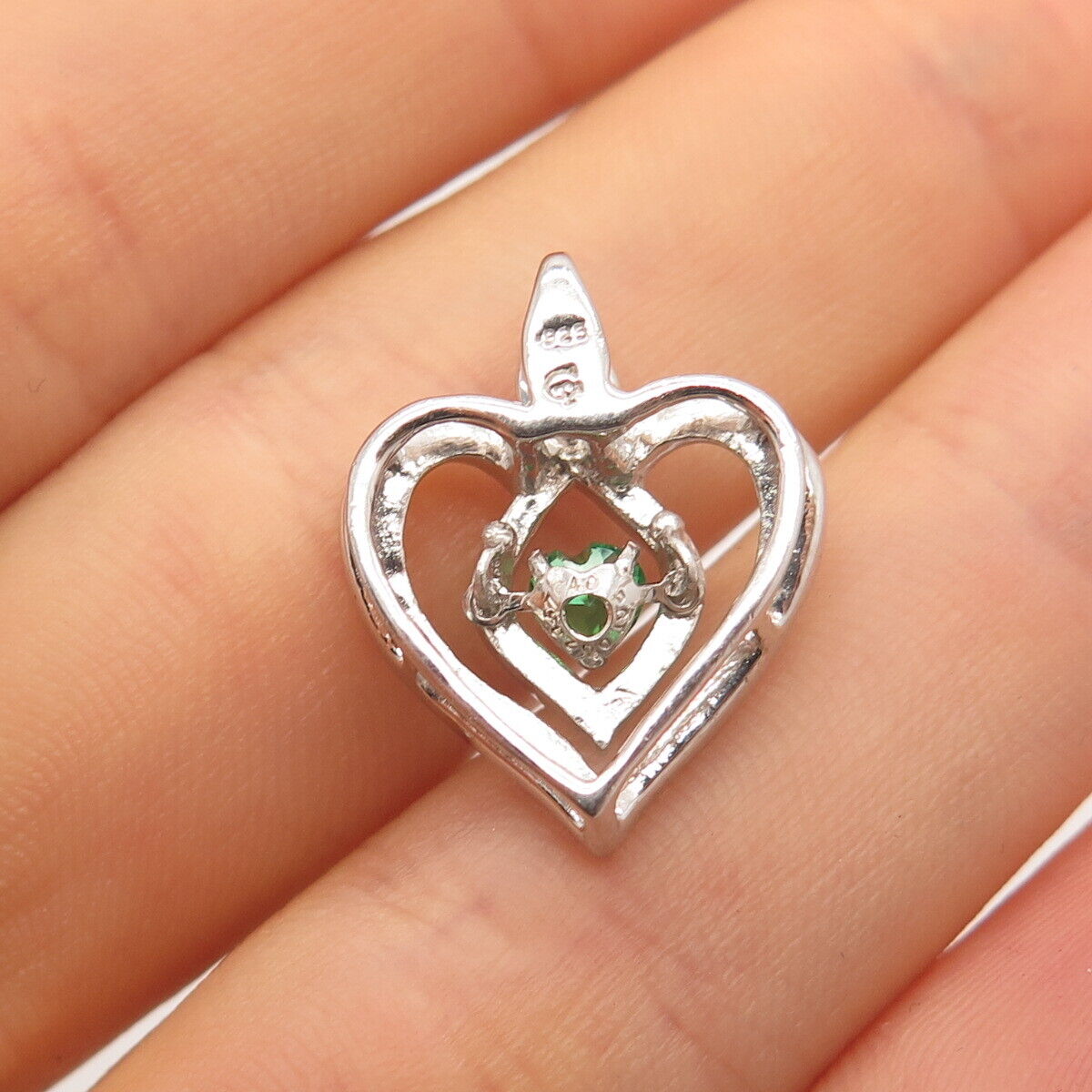 925 Sterling Silver Real White Diamond & Chrome Diopside Gemstone Heart Pendant