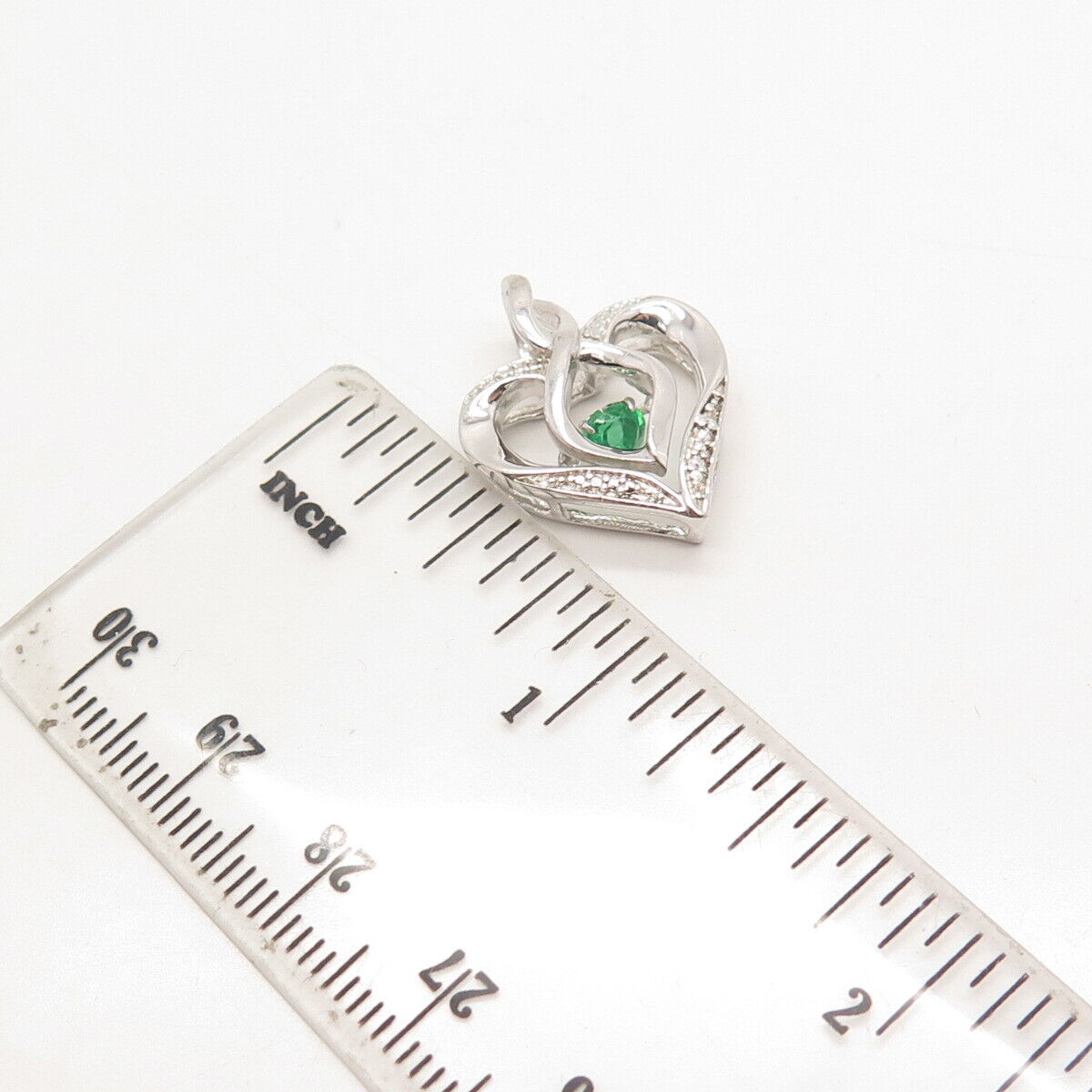 925 Sterling Silver Real White Diamond & Chrome Diopside Gemstone Heart Pendant