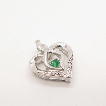 925 Sterling Silver Real White Diamond & Chrome Diopside Gemstone Heart Pendant