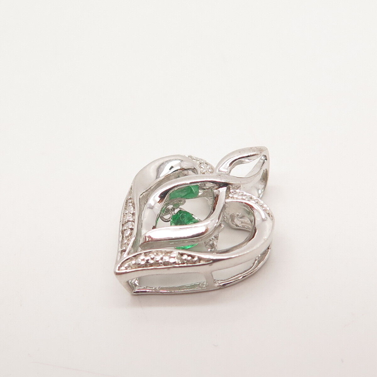 925 Sterling Silver Real White Diamond & Chrome Diopside Gemstone Heart Pendant