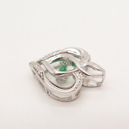 925 Sterling Silver Real White Diamond & Chrome Diopside Gemstone Heart Pendant