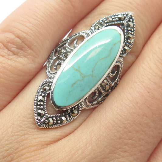 925 Sterling Silver Vintage Turquoise & Marcasite Gem Statement Ring Size 5.75