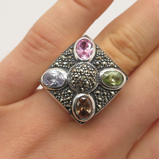 925 Sterling Silver Vintage Real Marcasite Gem & Multi-Color C Z Ring Size 6