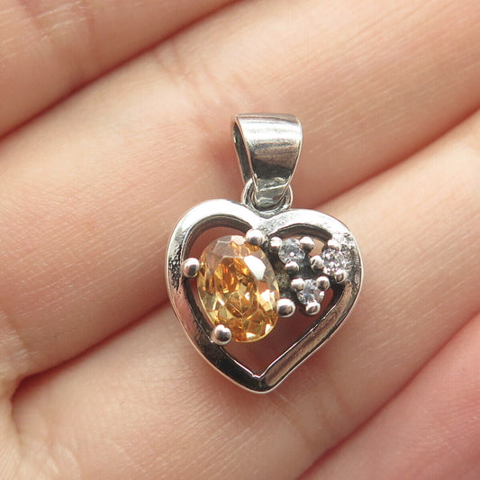 925 Sterling Silver Yellow & White C Z Heart Minimalist Pendant