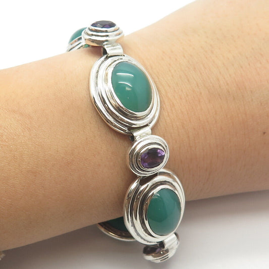 925 Sterling Silver Vintage Green Chalcedony & Amethyst Oval Link Bracelet 7"