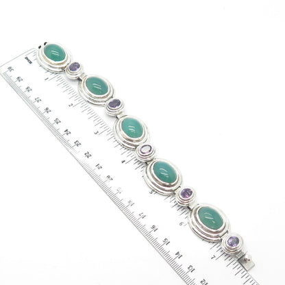 925 Sterling Silver Vintage Green Chalcedony & Amethyst Oval Link Bracelet 7"