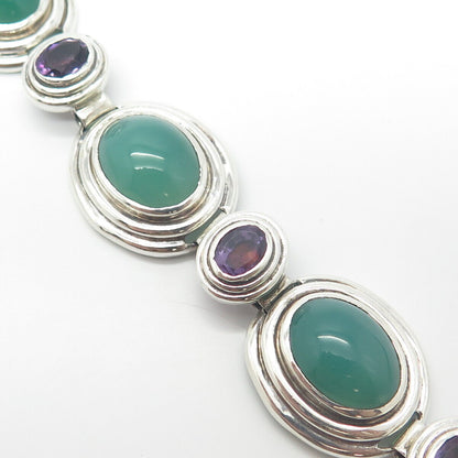 925 Sterling Silver Vintage Green Chalcedony & Amethyst Oval Link Bracelet 7"