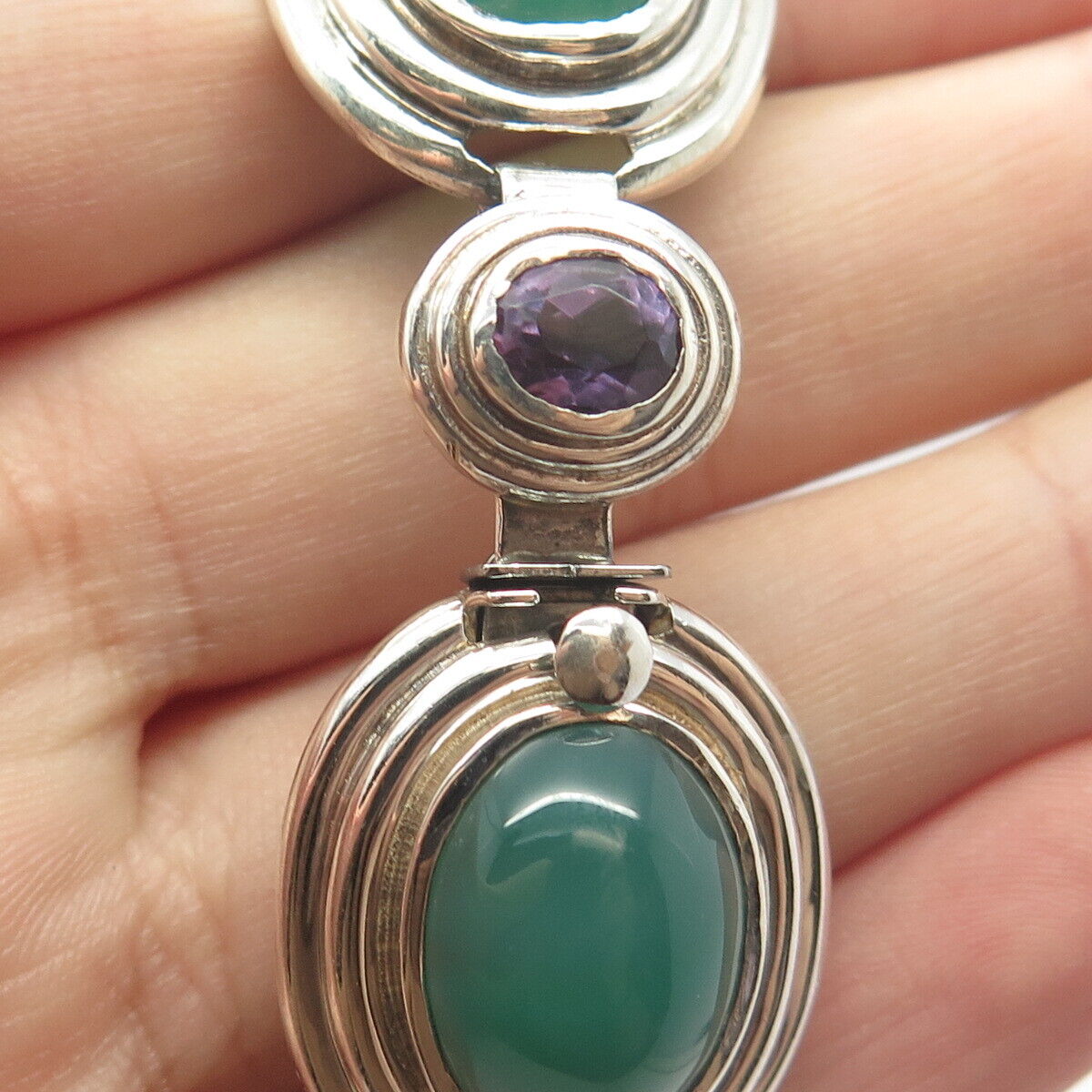 925 Sterling Silver Vintage Green Chalcedony & Amethyst Oval Link Bracelet 7"