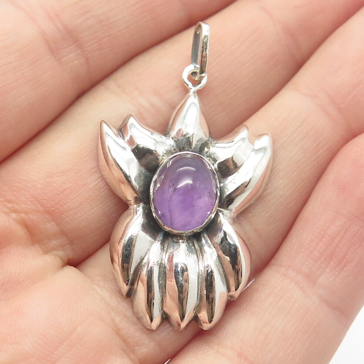 925 Sterling Silver Vintage Real Amethyst Gem Floral Pendant