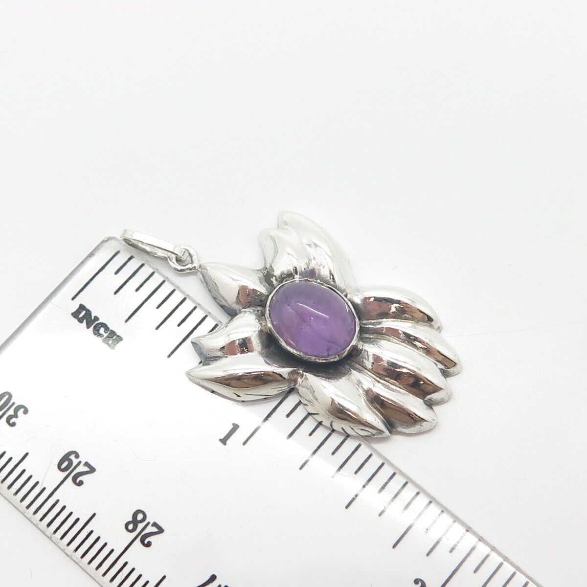 925 Sterling Silver Vintage Real Amethyst Gem Floral Pendant