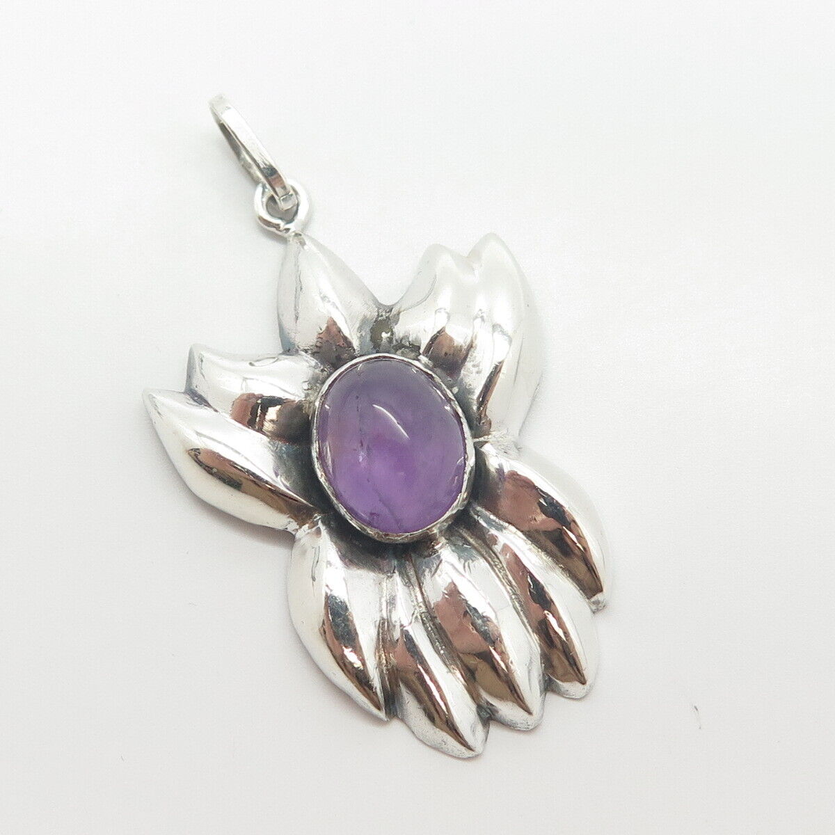 925 Sterling Silver Vintage Real Amethyst Gem Floral Pendant