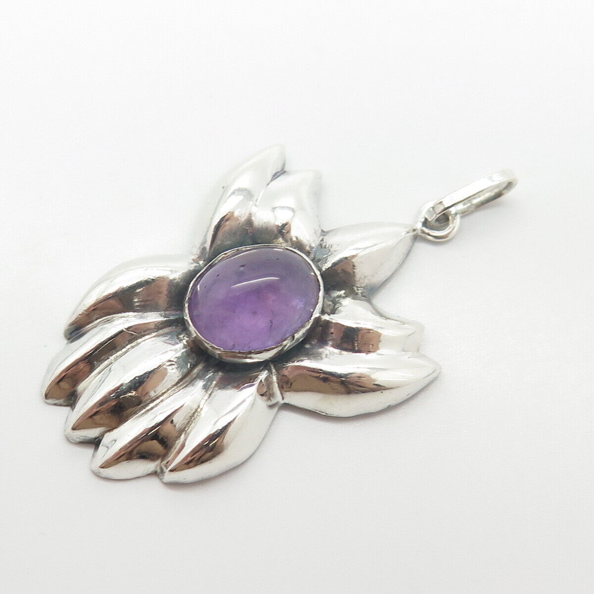 925 Sterling Silver Vintage Real Amethyst Gem Floral Pendant