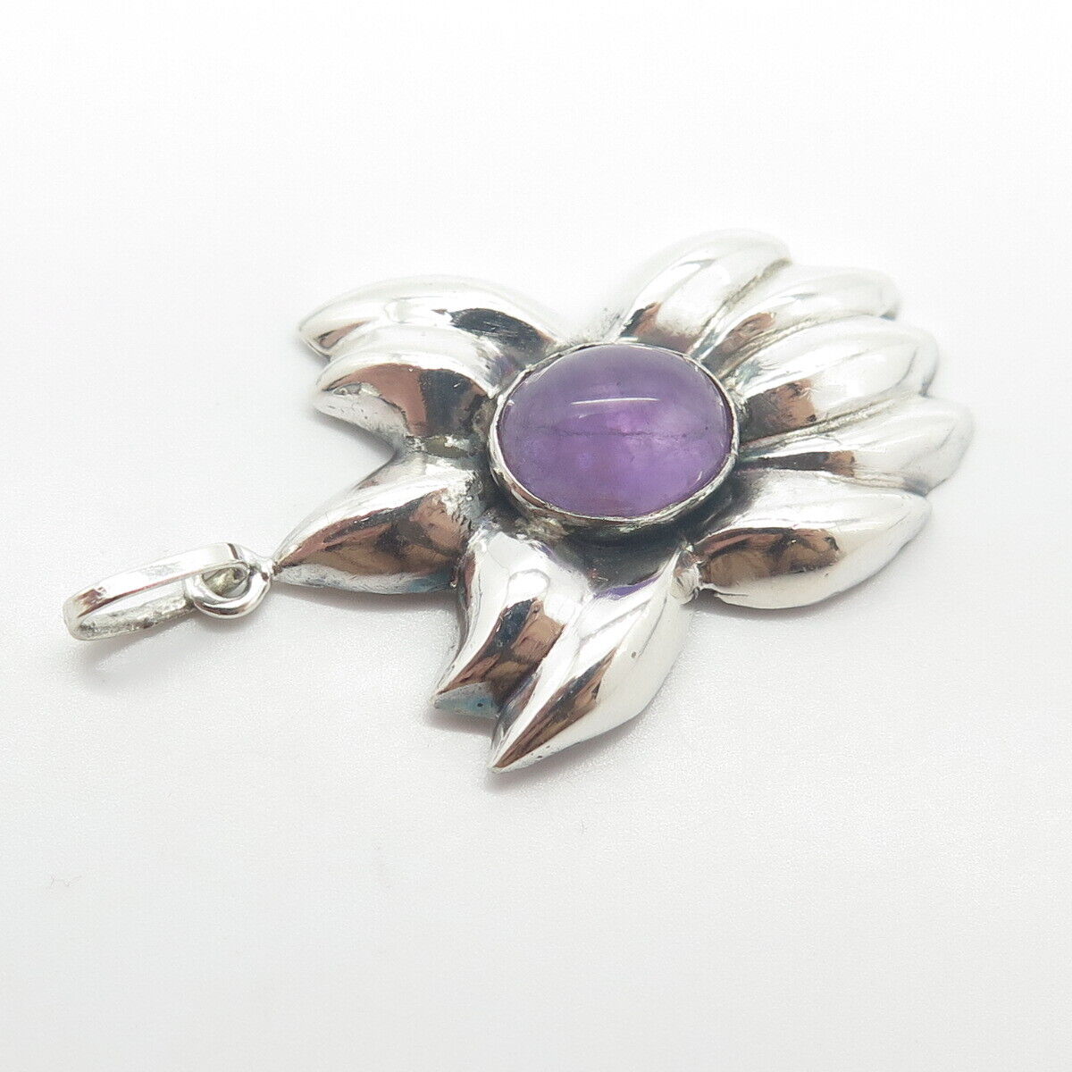 925 Sterling Silver Vintage Real Amethyst Gem Floral Pendant